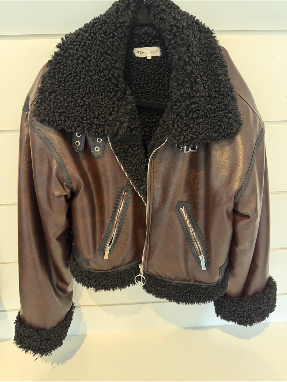 WeWoreWhat faux Brown Leather Aviator Jacket with Black Shearling